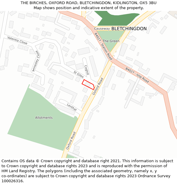 THE BIRCHES, OXFORD ROAD, BLETCHINGDON, KIDLINGTON, OX5 3BU: Location map and indicative extent of plot
