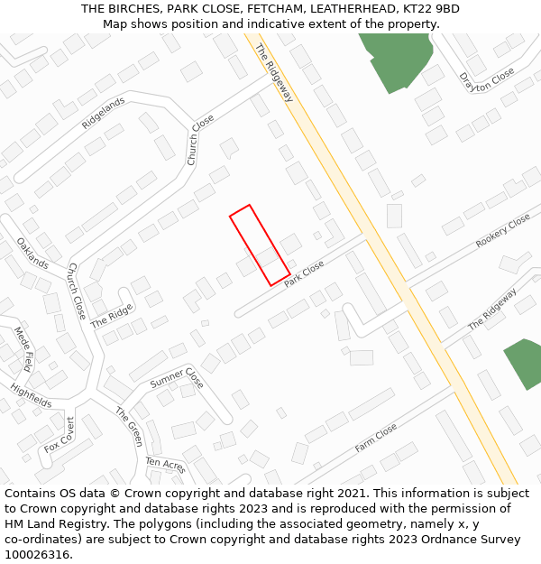 THE BIRCHES, PARK CLOSE, FETCHAM, LEATHERHEAD, KT22 9BD: Location map and indicative extent of plot