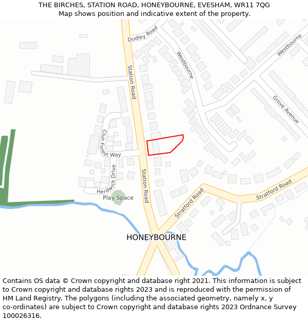 THE BIRCHES, STATION ROAD, HONEYBOURNE, EVESHAM, WR11 7QG: Location map and indicative extent of plot