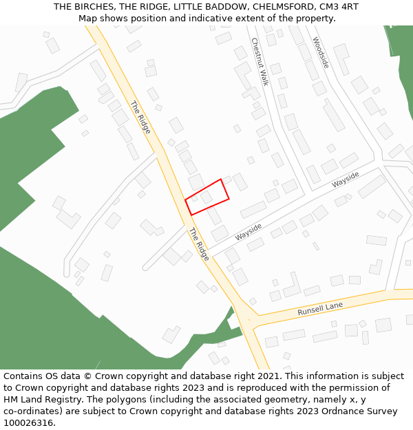 THE BIRCHES, THE RIDGE, LITTLE BADDOW, CHELMSFORD, CM3 4RT: Location map and indicative extent of plot