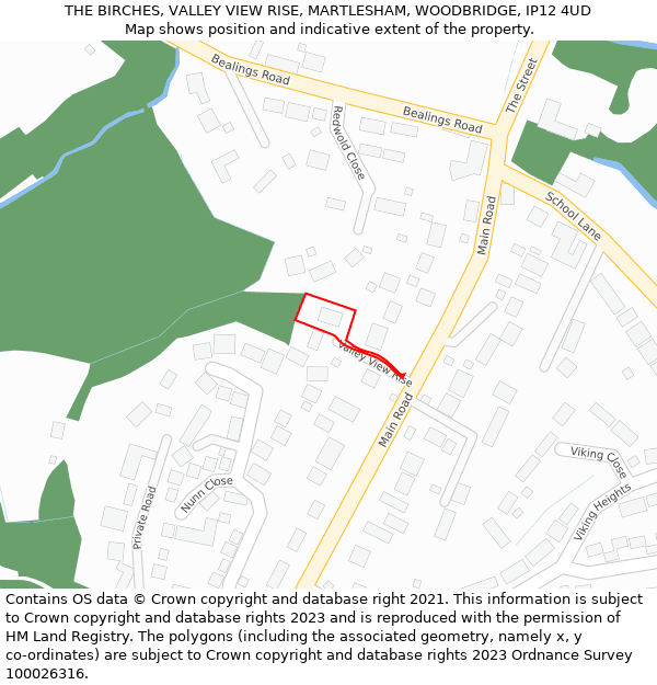THE BIRCHES, VALLEY VIEW RISE, MARTLESHAM, WOODBRIDGE, IP12 4UD: Location map and indicative extent of plot
