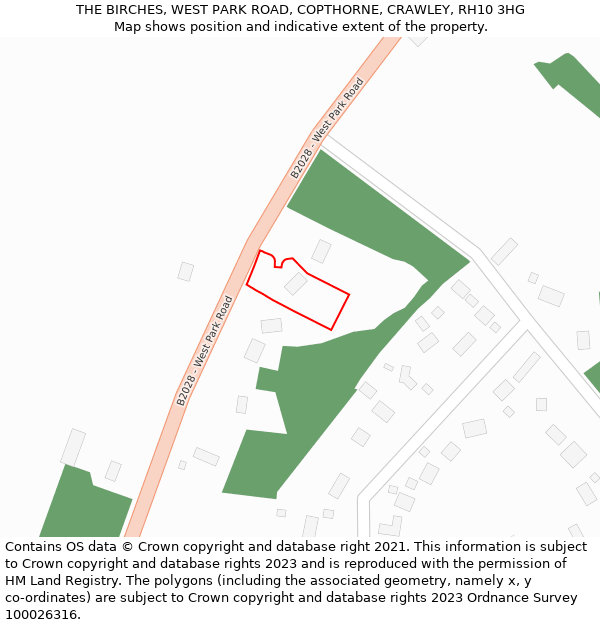 THE BIRCHES, WEST PARK ROAD, COPTHORNE, CRAWLEY, RH10 3HG: Location map and indicative extent of plot