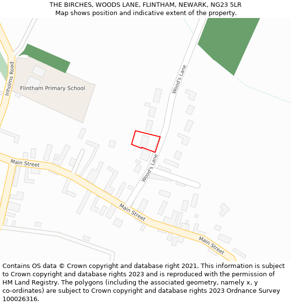 THE BIRCHES, WOODS LANE, FLINTHAM, NEWARK, NG23 5LR: Location map and indicative extent of plot