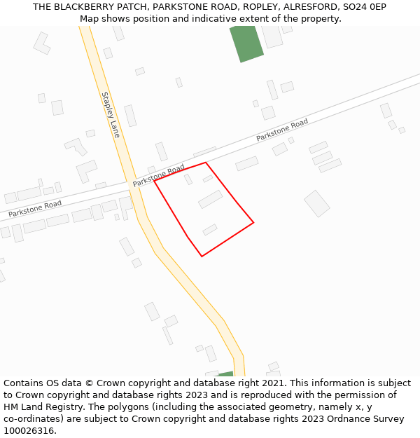 THE BLACKBERRY PATCH, PARKSTONE ROAD, ROPLEY, ALRESFORD, SO24 0EP: Location map and indicative extent of plot