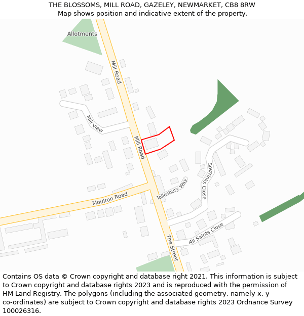 THE BLOSSOMS, MILL ROAD, GAZELEY, NEWMARKET, CB8 8RW: Location map and indicative extent of plot