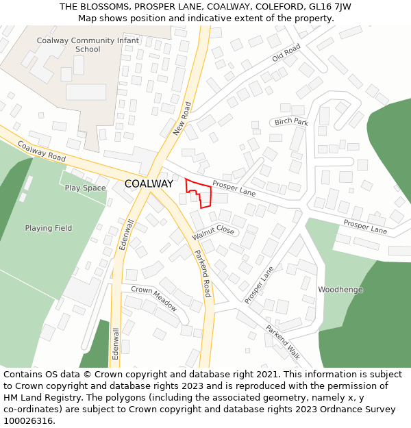 THE BLOSSOMS, PROSPER LANE, COALWAY, COLEFORD, GL16 7JW: Location map and indicative extent of plot