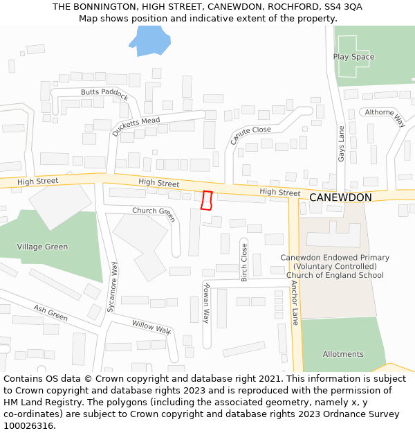 THE BONNINGTON, HIGH STREET, CANEWDON, ROCHFORD, SS4 3QA: Location map and indicative extent of plot