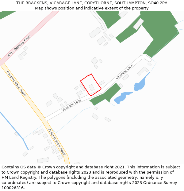 THE BRACKENS, VICARAGE LANE, COPYTHORNE, SOUTHAMPTON, SO40 2PA: Location map and indicative extent of plot