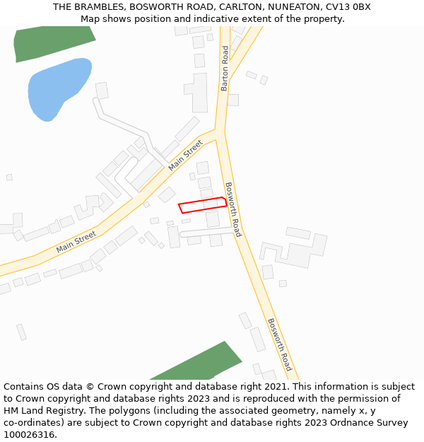 THE BRAMBLES, BOSWORTH ROAD, CARLTON, NUNEATON, CV13 0BX: Location map and indicative extent of plot