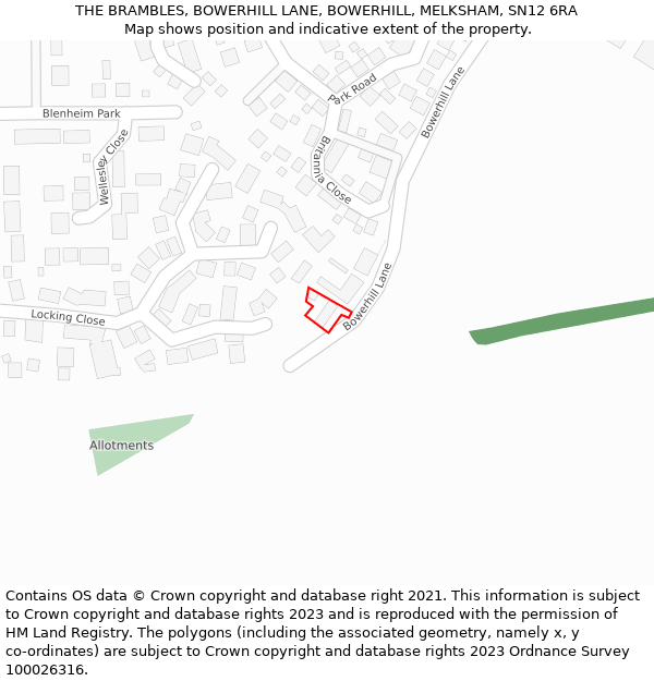 THE BRAMBLES, BOWERHILL LANE, BOWERHILL, MELKSHAM, SN12 6RA: Location map and indicative extent of plot