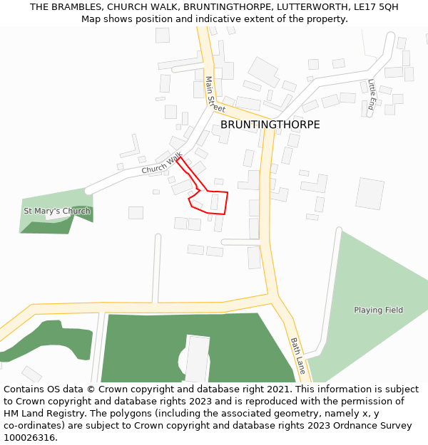 THE BRAMBLES, CHURCH WALK, BRUNTINGTHORPE, LUTTERWORTH, LE17 5QH: Location map and indicative extent of plot