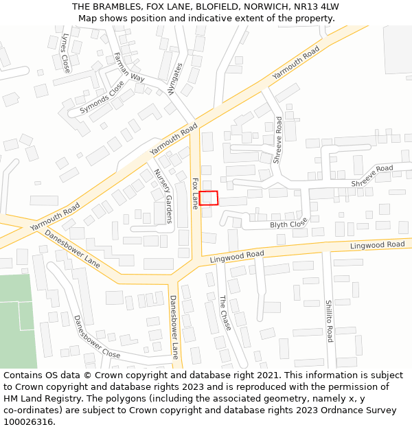 THE BRAMBLES, FOX LANE, BLOFIELD, NORWICH, NR13 4LW: Location map and indicative extent of plot