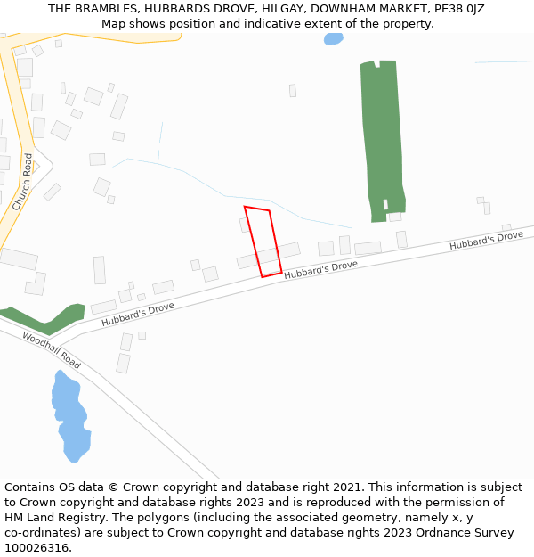 THE BRAMBLES, HUBBARDS DROVE, HILGAY, DOWNHAM MARKET, PE38 0JZ: Location map and indicative extent of plot