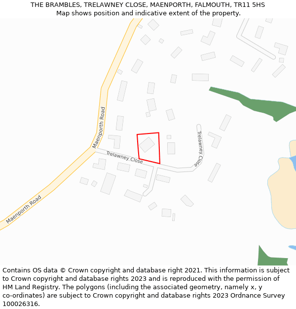 THE BRAMBLES, TRELAWNEY CLOSE, MAENPORTH, FALMOUTH, TR11 5HS: Location map and indicative extent of plot