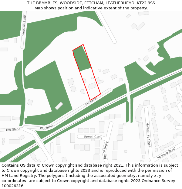 THE BRAMBLES, WOODSIDE, FETCHAM, LEATHERHEAD, KT22 9SS: Location map and indicative extent of plot