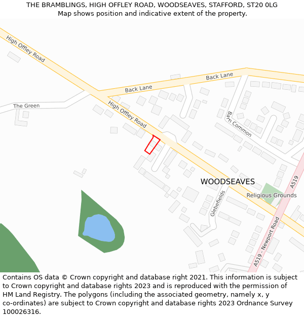 THE BRAMBLINGS, HIGH OFFLEY ROAD, WOODSEAVES, STAFFORD, ST20 0LG: Location map and indicative extent of plot