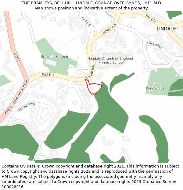 THE BRAMLEYS, BELL HILL, LINDALE, GRANGE-OVER-SANDS, LA11 6LD: Location map and indicative extent of plot
