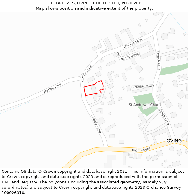 THE BREEZES, OVING, CHICHESTER, PO20 2BP: Location map and indicative extent of plot