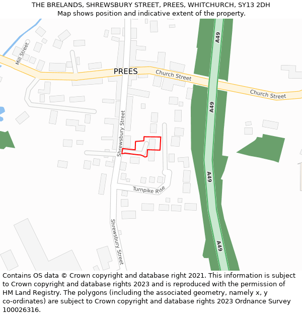 THE BRELANDS, SHREWSBURY STREET, PREES, WHITCHURCH, SY13 2DH: Location map and indicative extent of plot