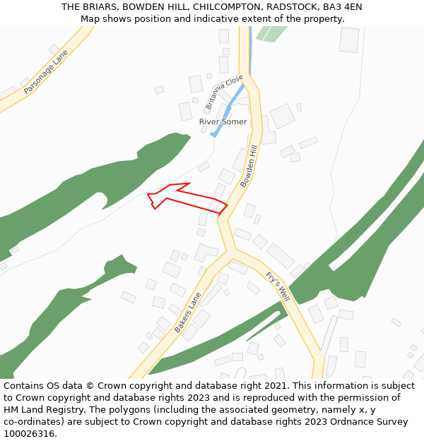 THE BRIARS, BOWDEN HILL, CHILCOMPTON, RADSTOCK, BA3 4EN: Location map and indicative extent of plot