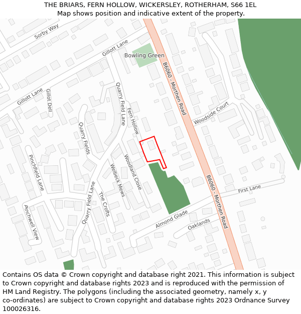 THE BRIARS, FERN HOLLOW, WICKERSLEY, ROTHERHAM, S66 1EL: Location map and indicative extent of plot