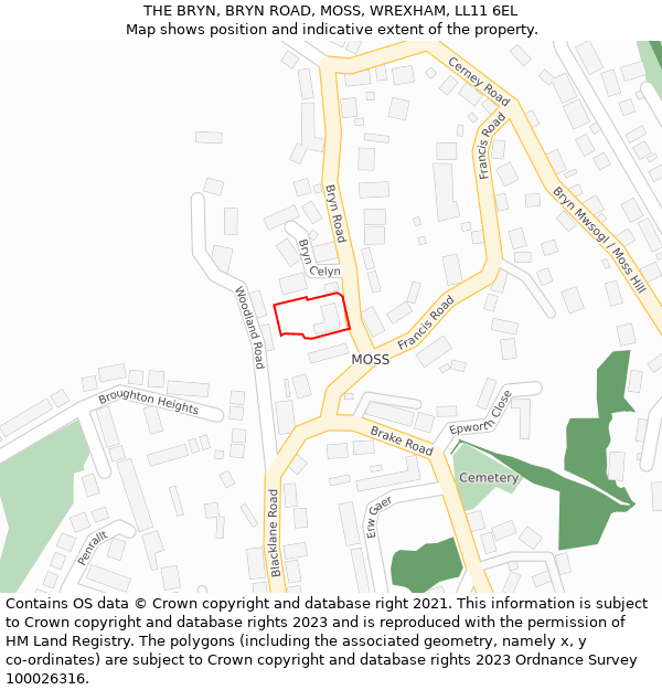 THE BRYN, BRYN ROAD, MOSS, WREXHAM, LL11 6EL: Location map and indicative extent of plot