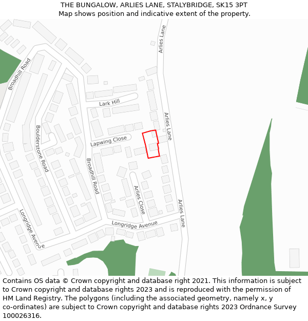 THE BUNGALOW, ARLIES LANE, STALYBRIDGE, SK15 3PT: Location map and indicative extent of plot