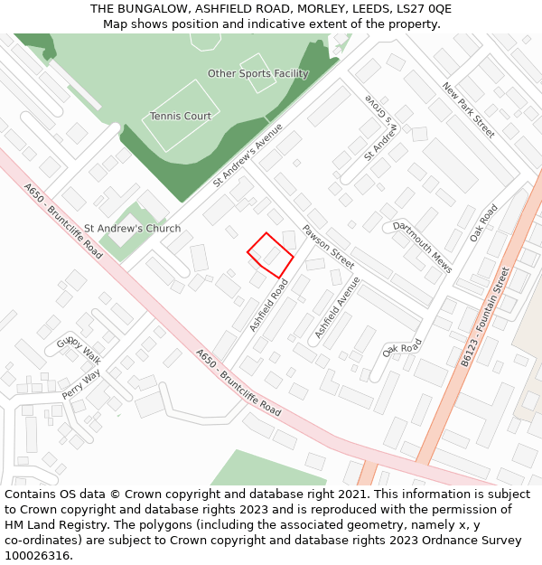THE BUNGALOW, ASHFIELD ROAD, MORLEY, LEEDS, LS27 0QE: Location map and indicative extent of plot