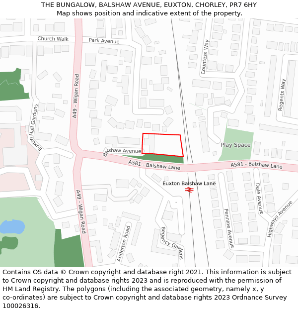 THE BUNGALOW, BALSHAW AVENUE, EUXTON, CHORLEY, PR7 6HY: Location map and indicative extent of plot