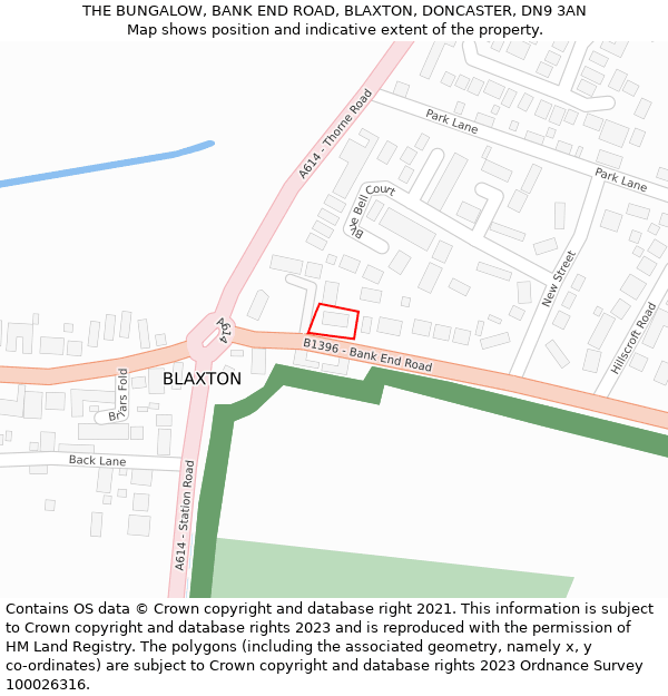 THE BUNGALOW, BANK END ROAD, BLAXTON, DONCASTER, DN9 3AN: Location map and indicative extent of plot