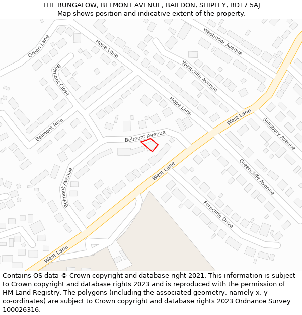 THE BUNGALOW, BELMONT AVENUE, BAILDON, SHIPLEY, BD17 5AJ: Location map and indicative extent of plot