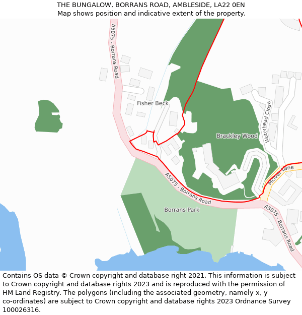 THE BUNGALOW, BORRANS ROAD, AMBLESIDE, LA22 0EN: Location map and indicative extent of plot