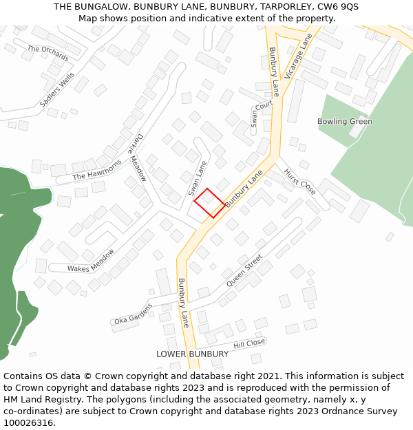 THE BUNGALOW, BUNBURY LANE, BUNBURY, TARPORLEY, CW6 9QS: Location map and indicative extent of plot