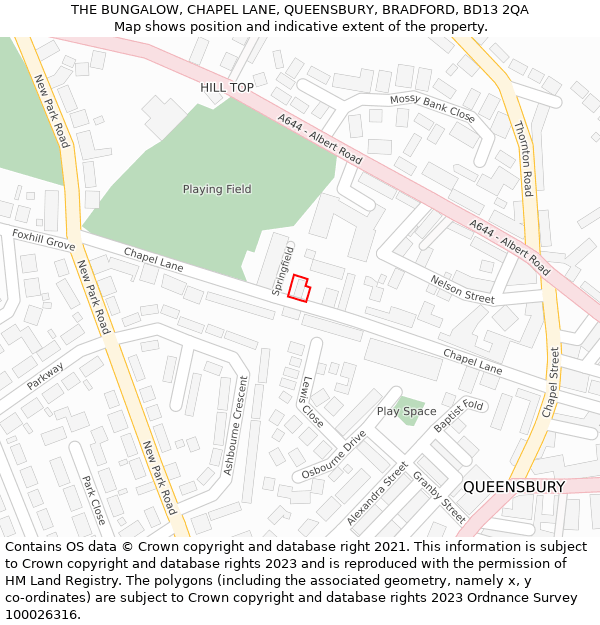 THE BUNGALOW, CHAPEL LANE, QUEENSBURY, BRADFORD, BD13 2QA: Location map and indicative extent of plot