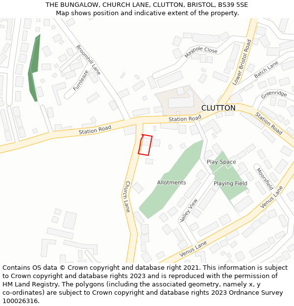 THE BUNGALOW, CHURCH LANE, CLUTTON, BRISTOL, BS39 5SE: Location map and indicative extent of plot