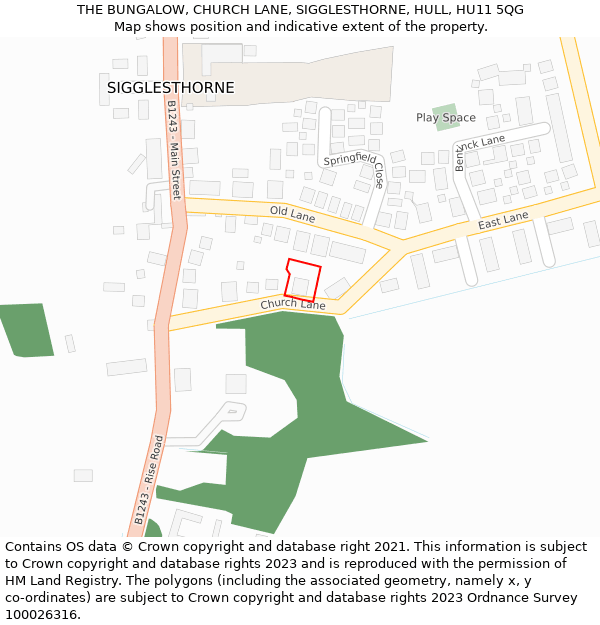 THE BUNGALOW, CHURCH LANE, SIGGLESTHORNE, HULL, HU11 5QG: Location map and indicative extent of plot