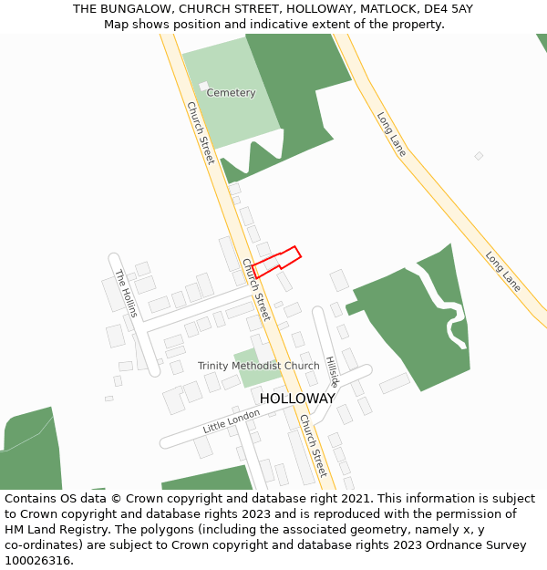 THE BUNGALOW, CHURCH STREET, HOLLOWAY, MATLOCK, DE4 5AY: Location map and indicative extent of plot