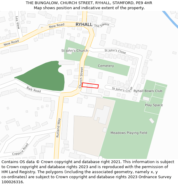 THE BUNGALOW, CHURCH STREET, RYHALL, STAMFORD, PE9 4HR: Location map and indicative extent of plot