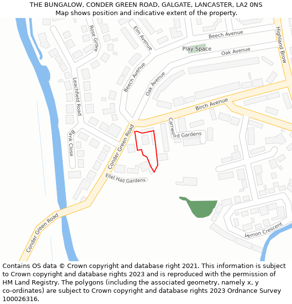 THE BUNGALOW, CONDER GREEN ROAD, GALGATE, LANCASTER, LA2 0NS: Location map and indicative extent of plot