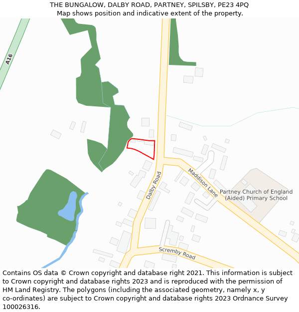 THE BUNGALOW, DALBY ROAD, PARTNEY, SPILSBY, PE23 4PQ: Location map and indicative extent of plot