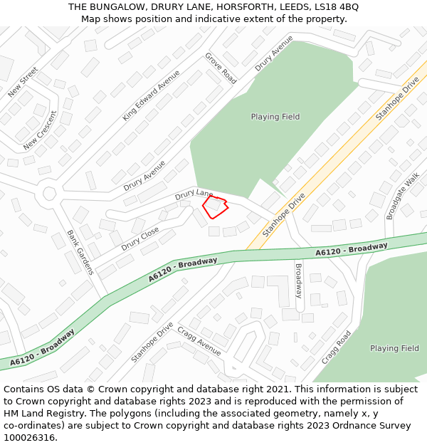 THE BUNGALOW, DRURY LANE, HORSFORTH, LEEDS, LS18 4BQ: Location map and indicative extent of plot