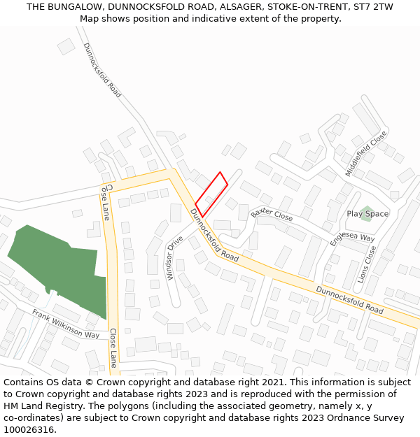 THE BUNGALOW, DUNNOCKSFOLD ROAD, ALSAGER, STOKE-ON-TRENT, ST7 2TW: Location map and indicative extent of plot