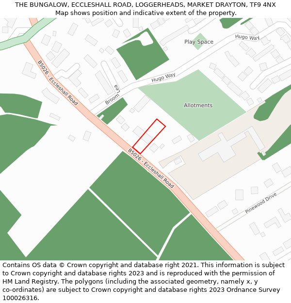 THE BUNGALOW, ECCLESHALL ROAD, LOGGERHEADS, MARKET DRAYTON, TF9 4NX: Location map and indicative extent of plot