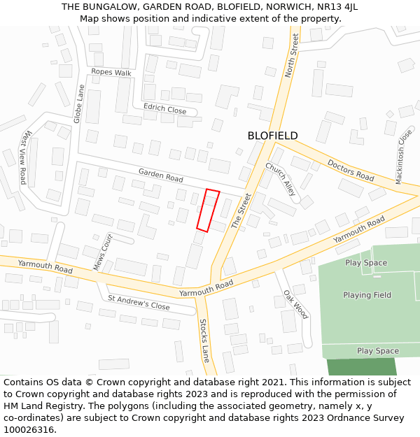 THE BUNGALOW, GARDEN ROAD, BLOFIELD, NORWICH, NR13 4JL: Location map and indicative extent of plot