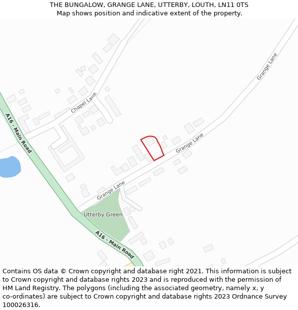 THE BUNGALOW, GRANGE LANE, UTTERBY, LOUTH, LN11 0TS: Location map and indicative extent of plot