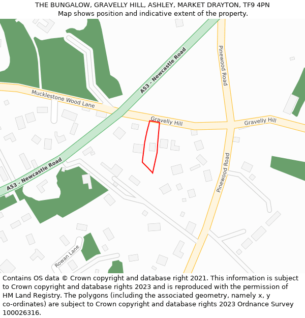 THE BUNGALOW, GRAVELLY HILL, ASHLEY, MARKET DRAYTON, TF9 4PN: Location map and indicative extent of plot