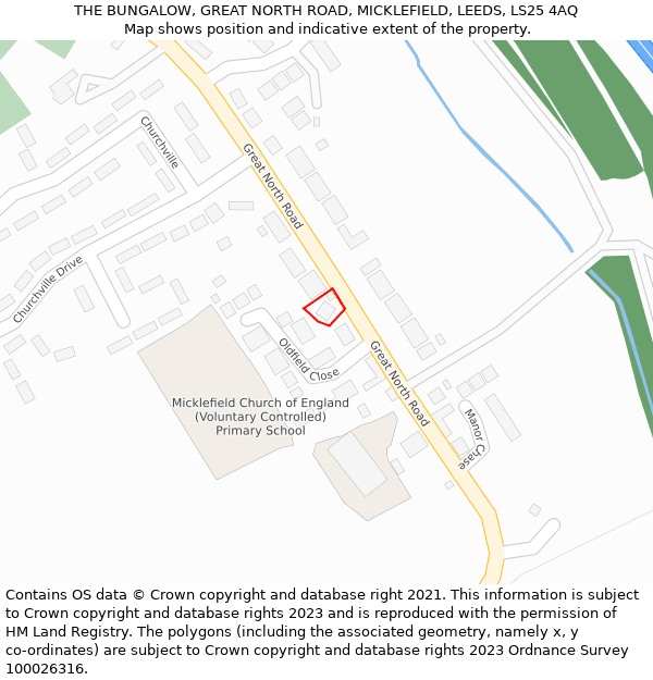 THE BUNGALOW, GREAT NORTH ROAD, MICKLEFIELD, LEEDS, LS25 4AQ: Location map and indicative extent of plot