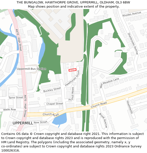 THE BUNGALOW, HAWTHORPE GROVE, UPPERMILL, OLDHAM, OL3 6BW: Location map and indicative extent of plot