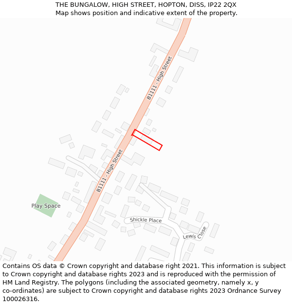 THE BUNGALOW, HIGH STREET, HOPTON, DISS, IP22 2QX: Location map and indicative extent of plot