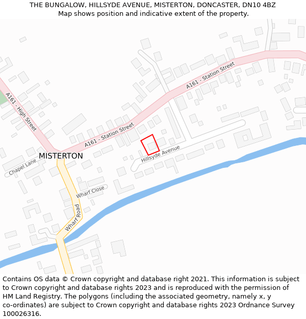 THE BUNGALOW, HILLSYDE AVENUE, MISTERTON, DONCASTER, DN10 4BZ: Location map and indicative extent of plot